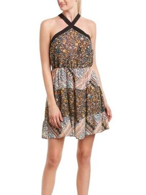 BCBGeneration Floral Printed Halter-Neck Mini Dress 70’s Patch Work Boho Large